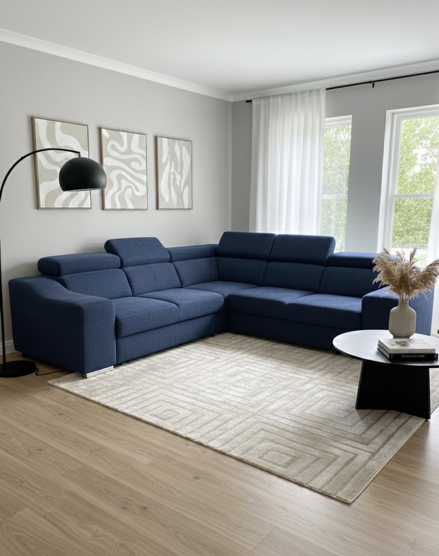 Salon contemporain avec grand canapé d'angle bleu, tapis géométrique beige, lampe noire et tableaux abstraits.