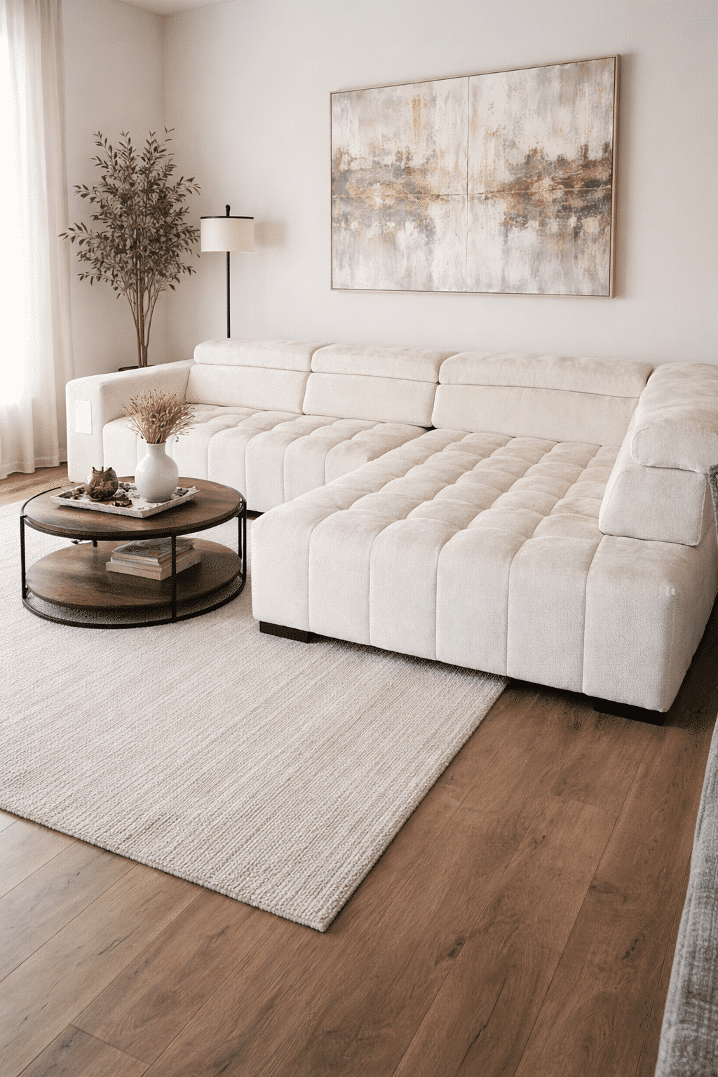 Canapé d'angle crème capitonné dans un salon moderne avec table basse ronde en bois et tapis beige texturé.