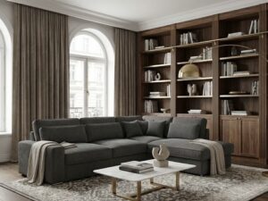 Salon moderne avec canapé d'angle gris, bibliothèque murale en bois massif et table basse en marbre chic.