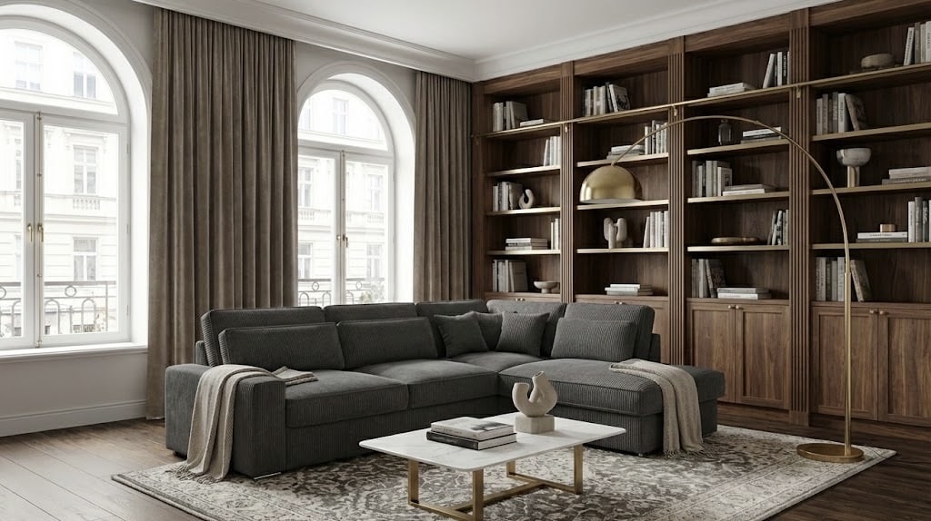 Salon moderne avec canapé d'angle gris, bibliothèque murale en bois massif et table basse en marbre chic.