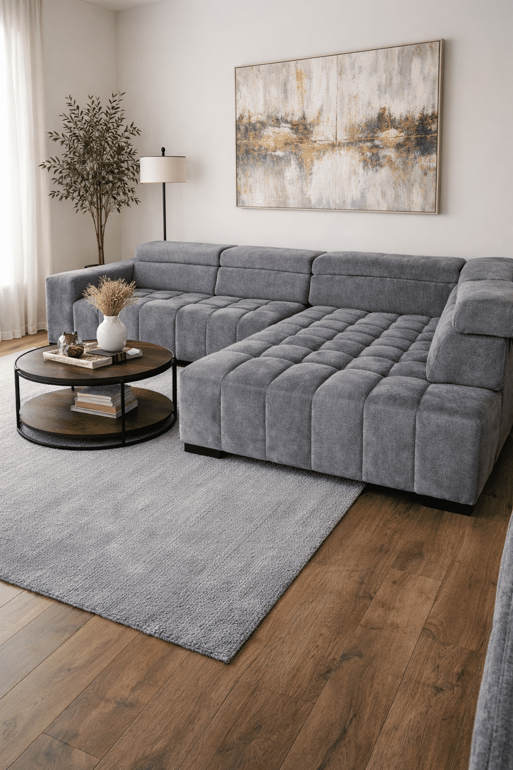 Canapé d'angle gris capitonné dans un salon moderne avec tapis, table basse en bois et grand tableau abstrait.