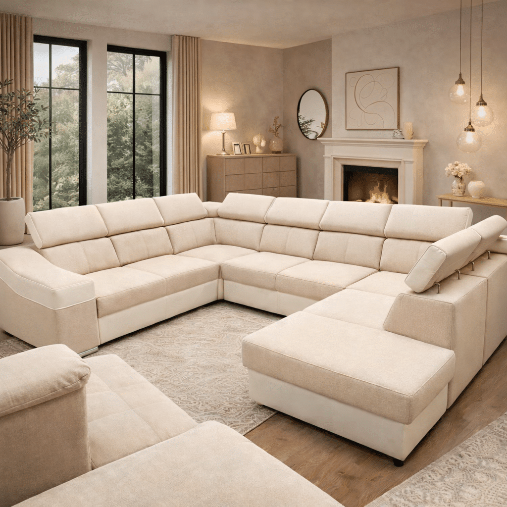 Canapé panoramique beige en U dans un salon moderne avec cheminée et grandes fenêtres lumineuses.