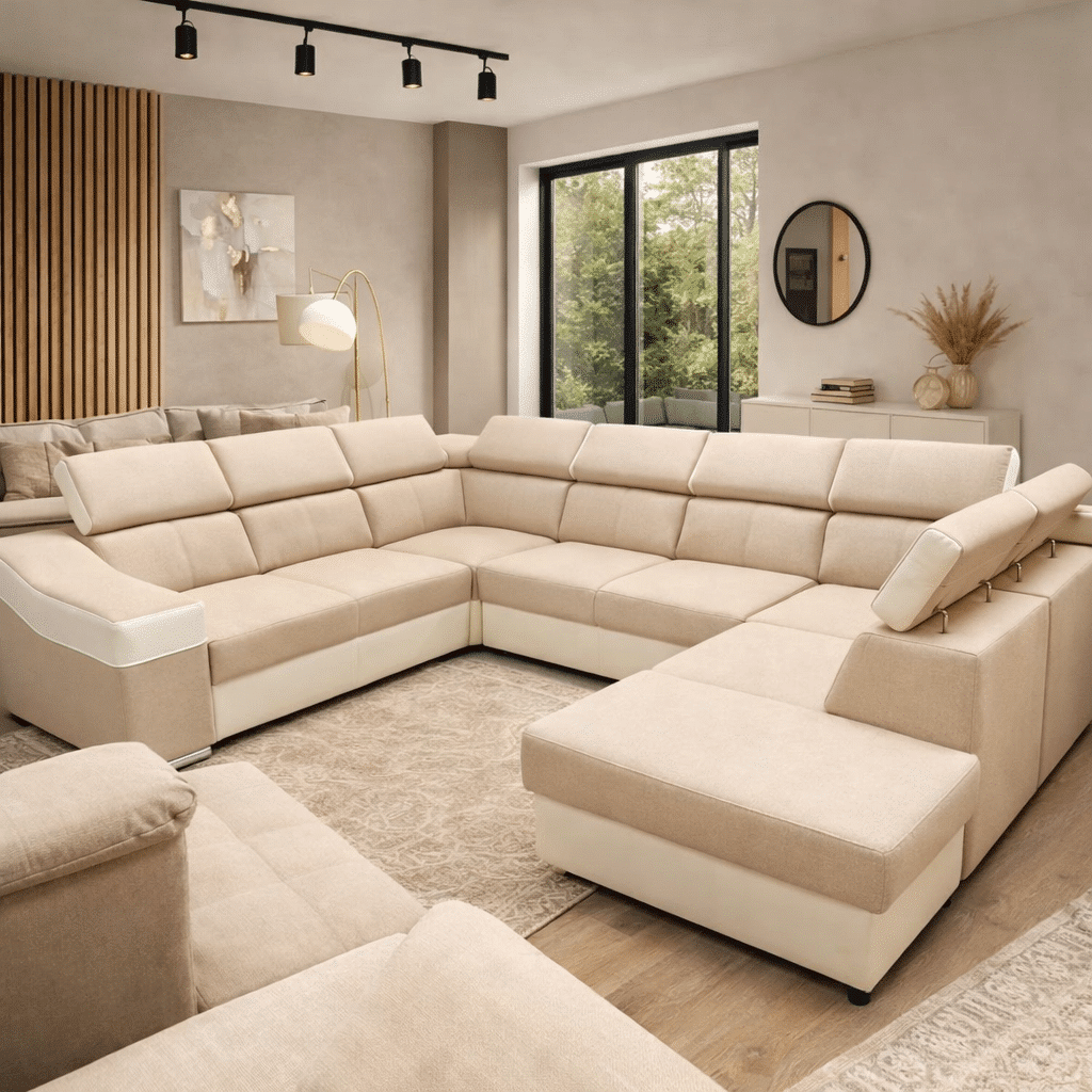 Canapé d'angle panoramique en U beige et blanc dans un salon moderne au design scandinave épuré.