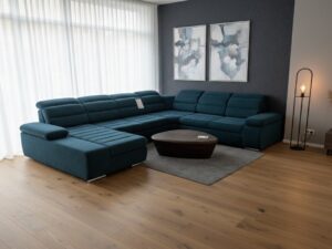 Canapé d'angle en U bleu canard dans un salon moderne avec parquet en bois et table basse design.