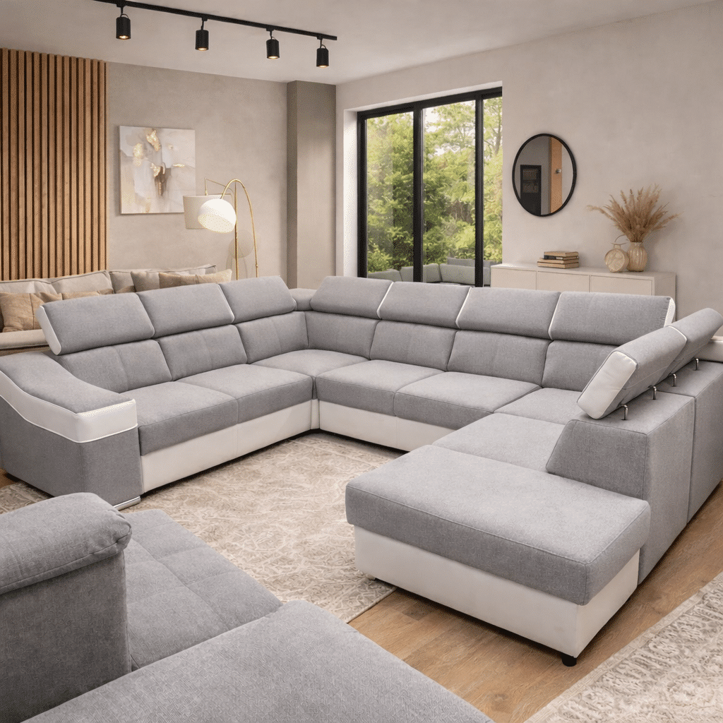 Canapé d'angle en U gris et blanc design dans un salon lumineux avec décoration moderne.