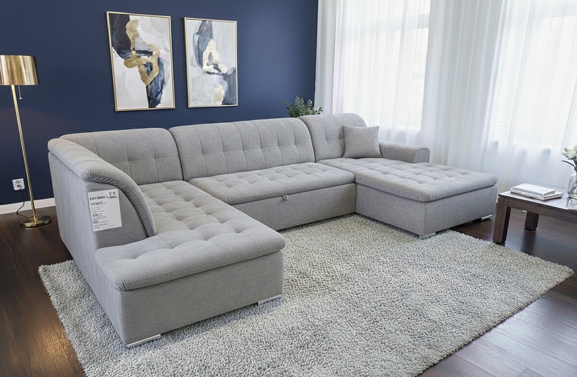 Canapé d'angle en U gris clair capitonné sur tapis épais, salon moderne au mur bleu marine et déco élégante.