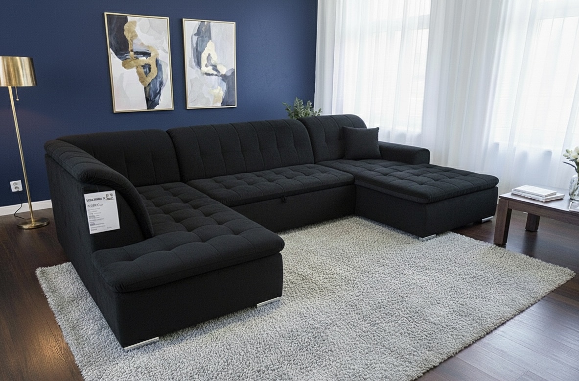 Canapé d'angle en U noir capitonné sur tapis gris dans un salon moderne aux murs bleu marine et cadres dorés.