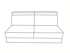 Schéma en lignes noires d'un canapé moderne à deux places avec quatre coussins distincts : deux pour le dossier et deux pour l'assise.