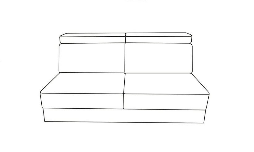 Schéma en lignes noires d'un canapé moderne à deux places avec quatre coussins distincts : deux pour le dossier et deux pour l'assise.