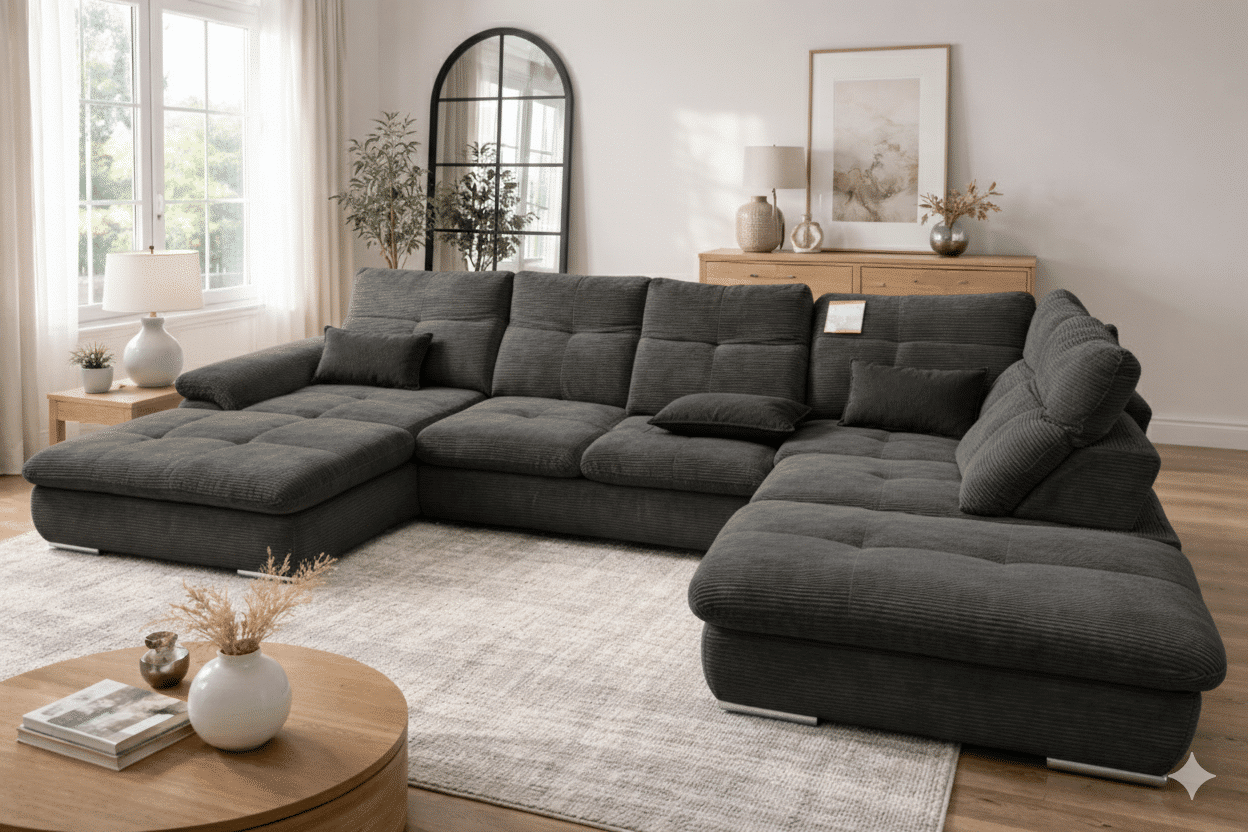 Canapé panoramique gris anthracite en velours côtelé dans un salon moderne et lumineux avec tapis beige.