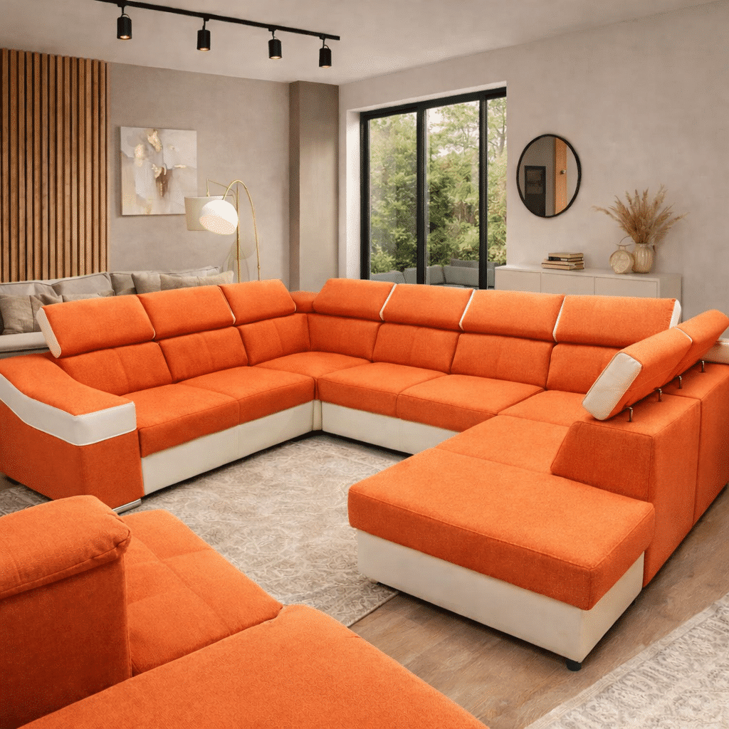 Grand canapé panoramique orange et blanc en U dans un salon moderne avec décoration élégante et tapis beige.
