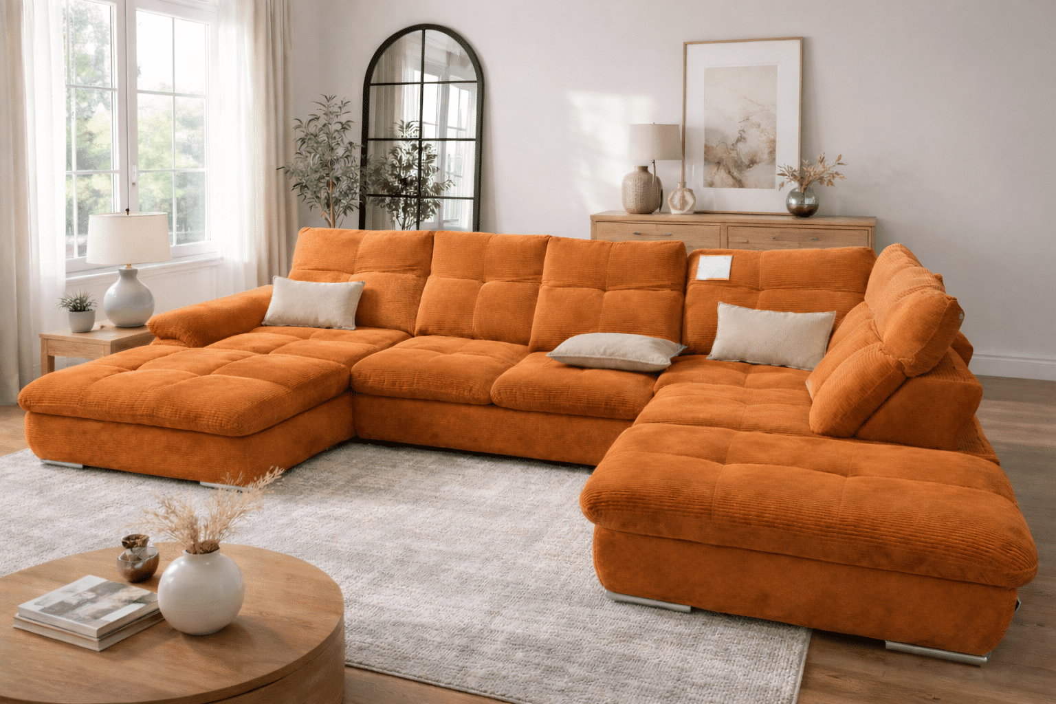 Canapé panoramique en velours côtelé orange dans un salon lumineux avec tapis texturé et table ronde en bois.