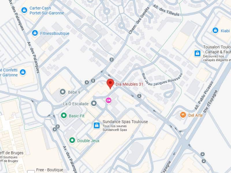 Carte Dia Meubles 31 : Commerces Av. des Palanques Carte routière centrée sur Dia Meubles 31, près de l'Av. des Palanques, affichant des commerces comme Basic-Fit, Kiabi et des restaurants.