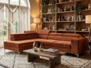 Salon chaleureux avec canapé d'angle orange brûlé, mur de briques, étagères en bois et déco bohème cocooning.