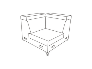 Dessin au trait d'un module de canapé d'angle rembourré, vu en perspective isométrique, avec pieds visibles et attaches latérales.