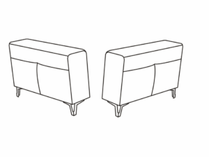 Dessin au trait noir et blanc de deux modules de canapé modernes à deux places, vus de l'arrière, avec des pieds fins et inclinés.