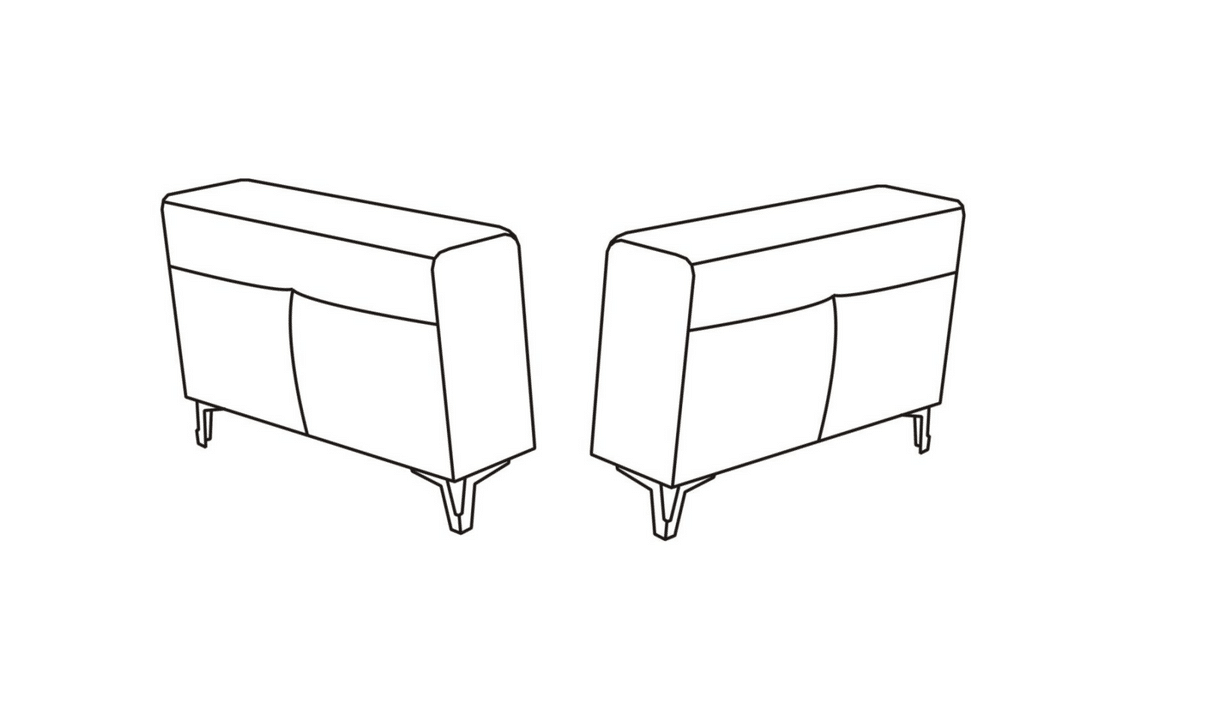Dessin au trait noir et blanc de deux modules de canapé modernes à deux places, vus de l'arrière, avec des pieds fins et inclinés.