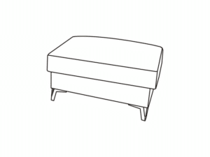 Dessin au trait d'un ottoman ou pouf rectangulaire rembourré, vu en perspective, reposant sur quatre pieds courts et inclinés.