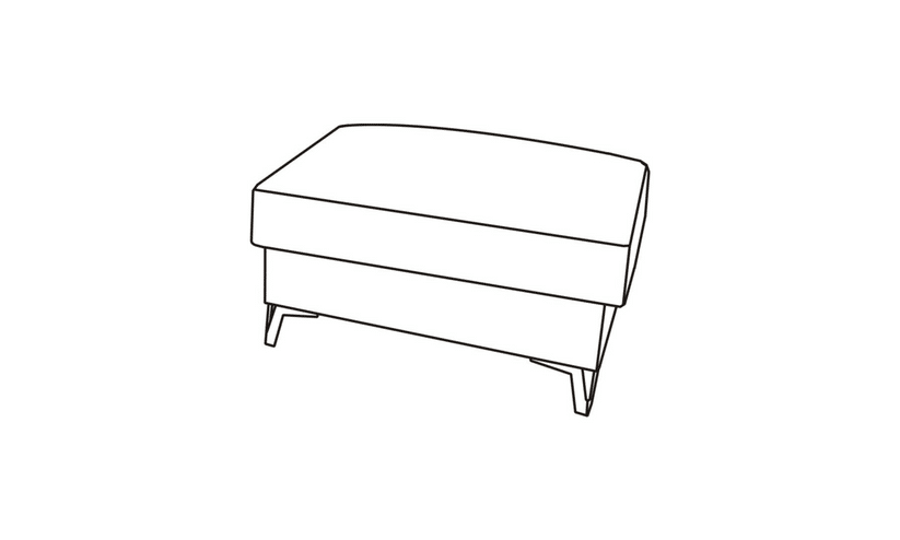 Dessin au trait d'un ottoman ou pouf rectangulaire rembourré, vu en perspective, reposant sur quatre pieds courts et inclinés.