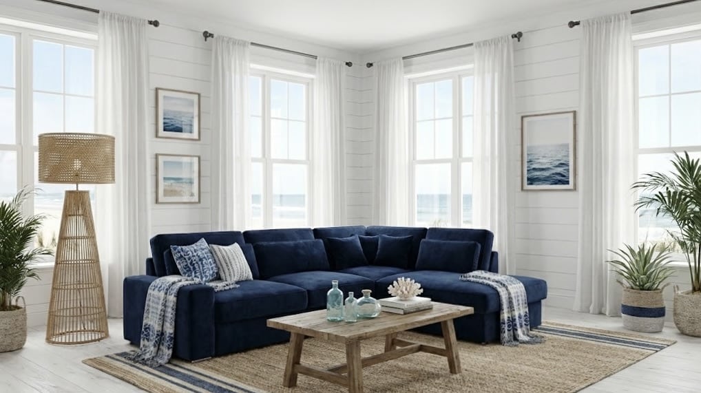 Salon côtier avec canapé d'angle bleu marine, table bois et déco bord de mer lumineuse avec vue sur l'océan.