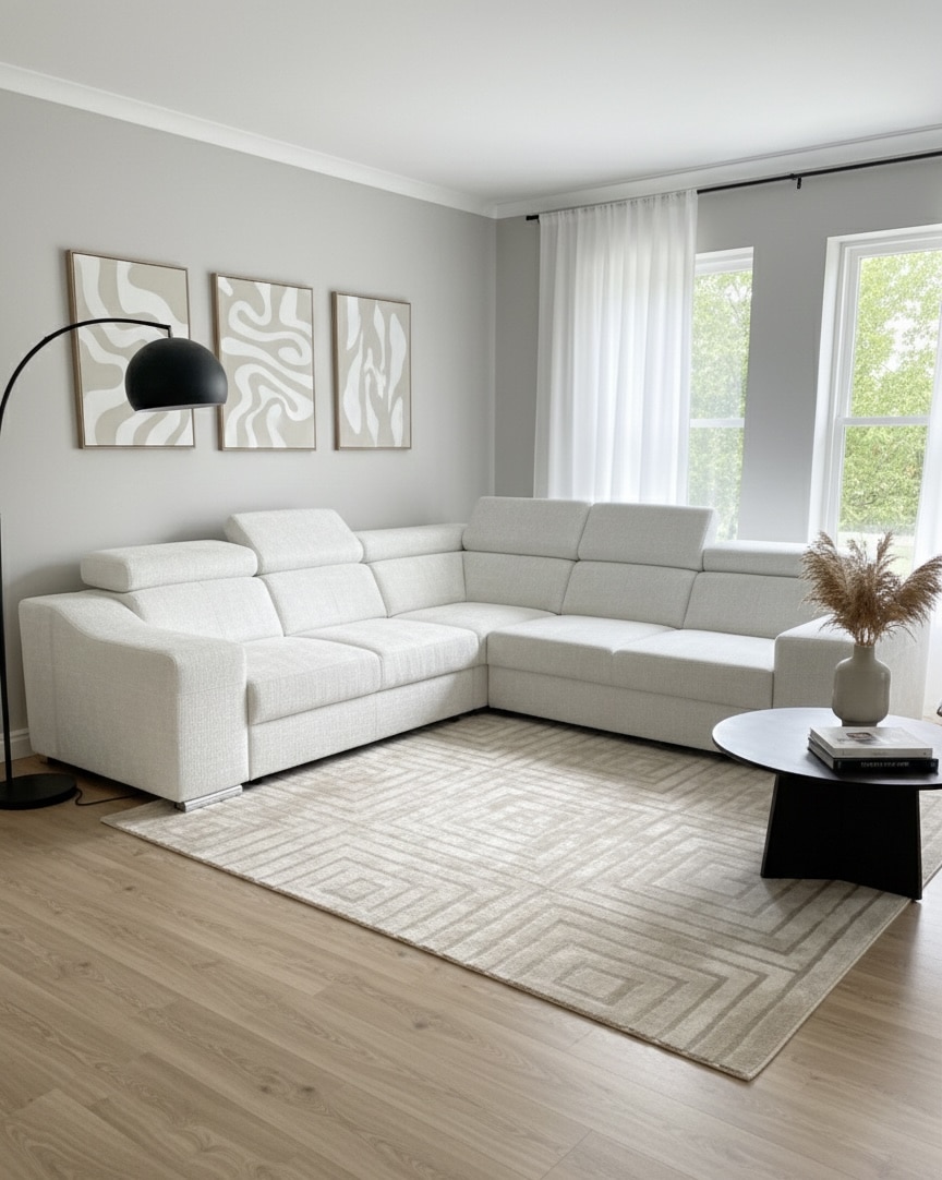 Salon moderne avec canapé d'angle blanc, tapis géométrique beige et lampadaire noir minimaliste.