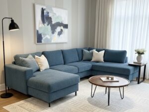 Salon moderne avec canapé d'angle bleu, table basse ronde en bois, tapis géométrique et tableau abstrait.