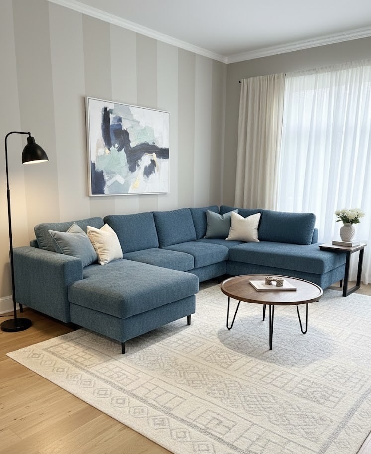 Salon moderne avec canapé d'angle bleu, table basse ronde en bois, tapis géométrique et tableau abstrait.