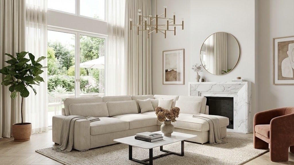 Salon moderne avec canapé d'angle beige, table basse en marbre et fauteuil terracotta devant une grande fenêtre lumineuse.