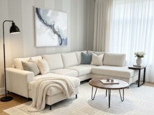 Salon moderne avec canapé d'angle beige, table basse ronde en bois et tapis à motifs géométriques.