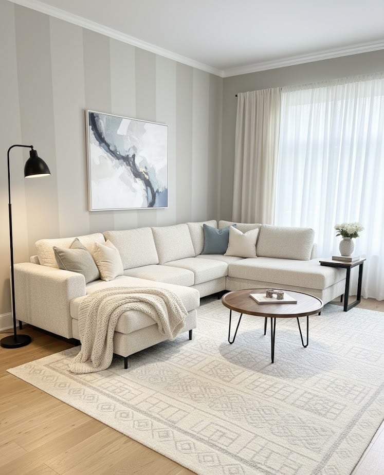 Salon moderne avec canapé d'angle beige, table basse ronde en bois et tapis à motifs géométriques.