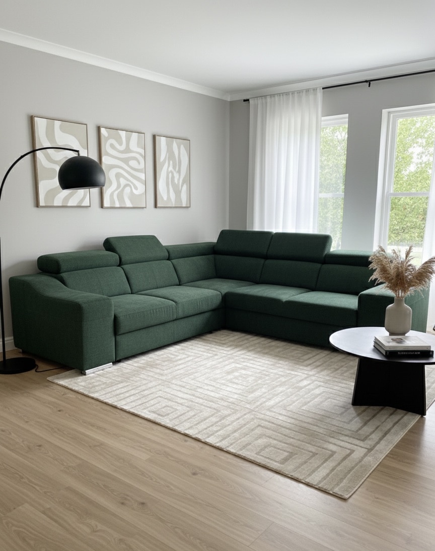 Canapé d'angle vert forêt dans un salon moderne avec tapis géométrique, lampadaire noir et tableaux abstraits.