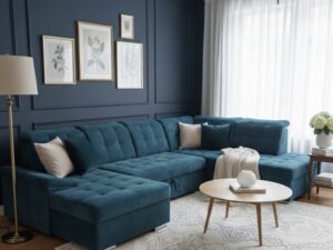 Salon moderne avec canapé d'angle bleu canard, mur bleu nuit mouluré et tapis clair à motifs.