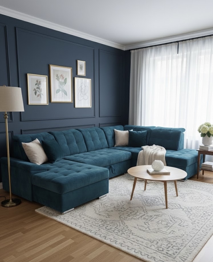 Salon moderne avec canapé d'angle bleu canard, mur bleu nuit mouluré et tapis clair à motifs.