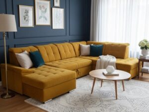 Grand canapé d'angle jaune moutarde devant un mur bleu nuit avec cadres dorés et tapis à motifs gris.