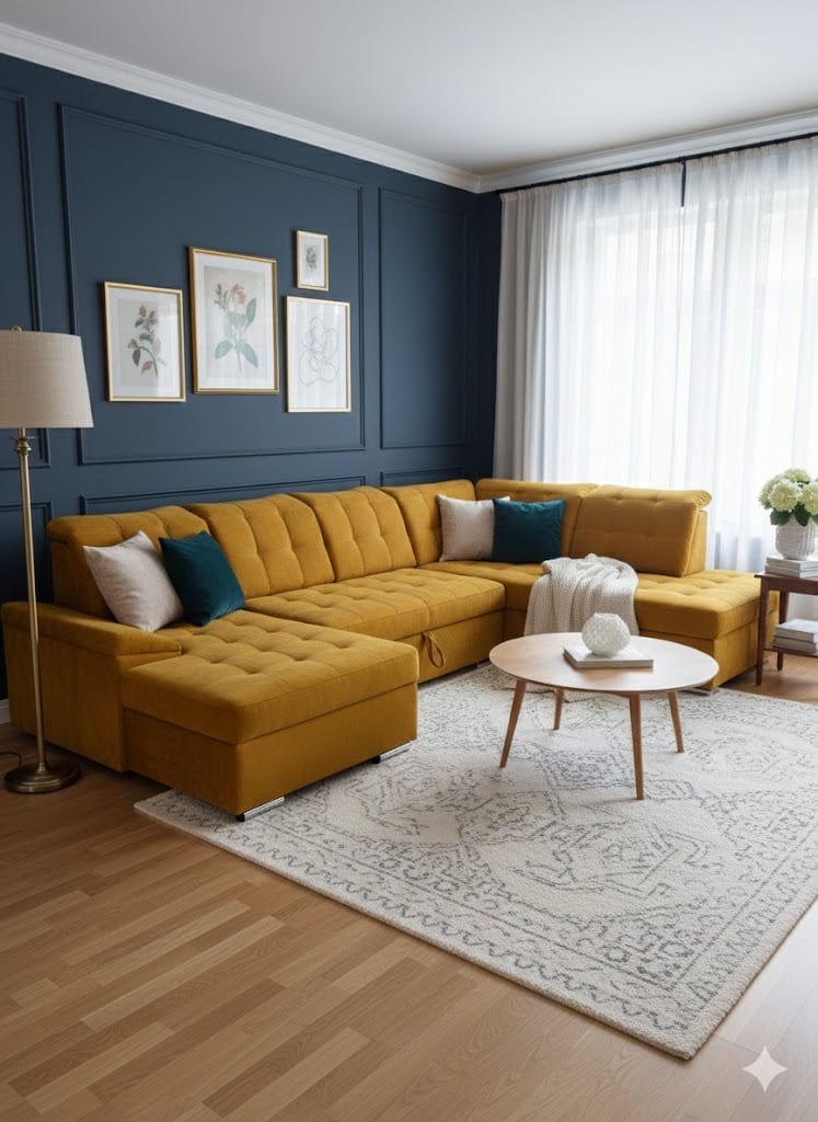 Grand canapé d'angle jaune moutarde devant un mur bleu nuit avec cadres dorés et tapis à motifs gris.