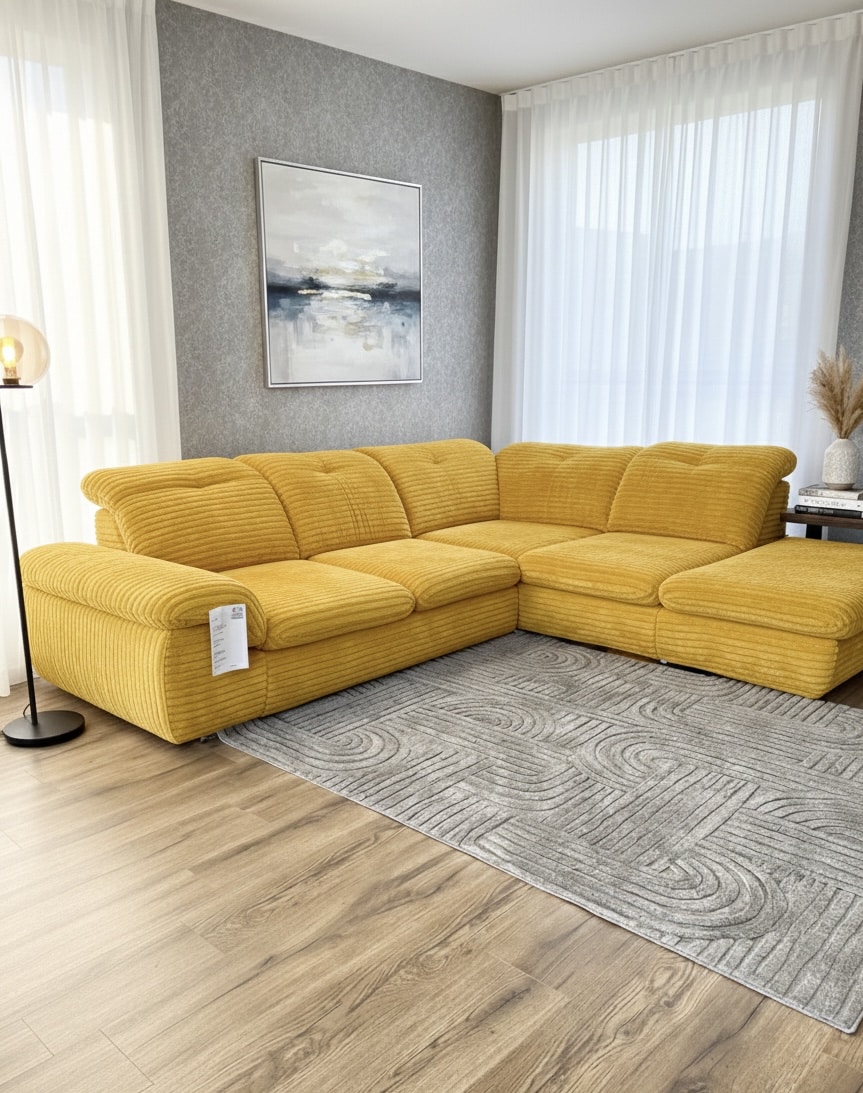 Grand canapé d'angle jaune en velours côtelé dans un salon élégant avec tapis gris texturé et parquet.