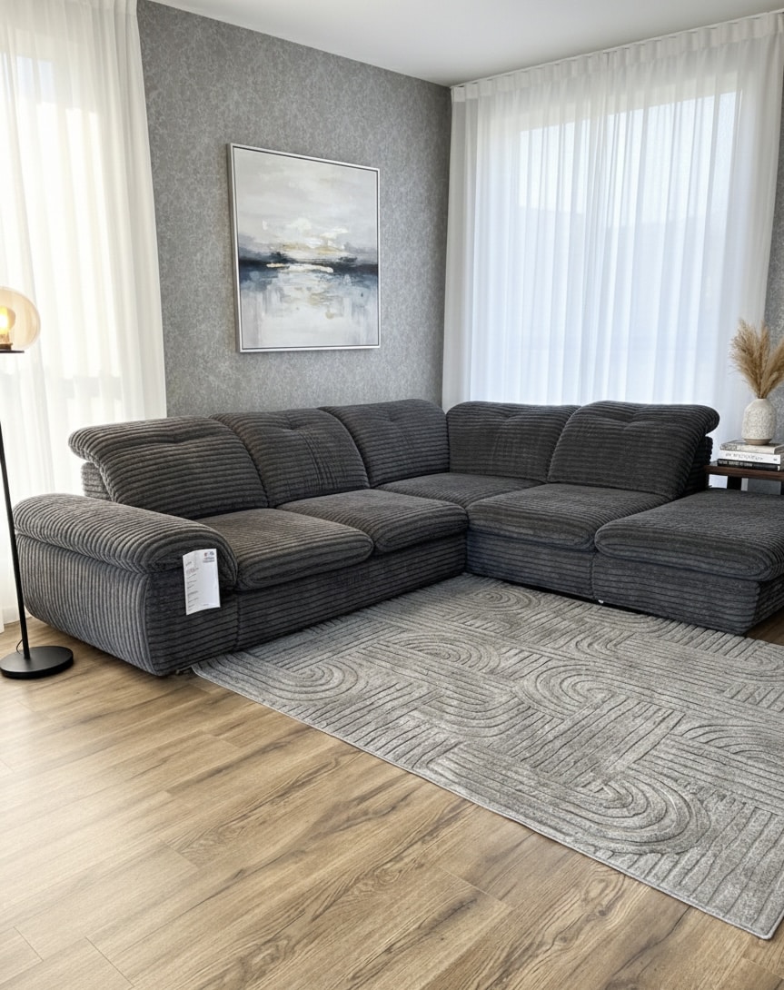 Canapé d'angle en velours côtelé gris anthracite sur un tapis texturé dans un salon moderne et lumineux.