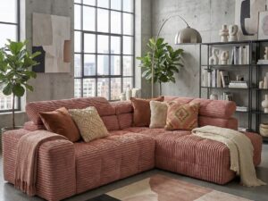 Salon loft : canapé d'angle en velours côtelé rose saumon, murs en béton, tapis abstrait et décoration moderne.