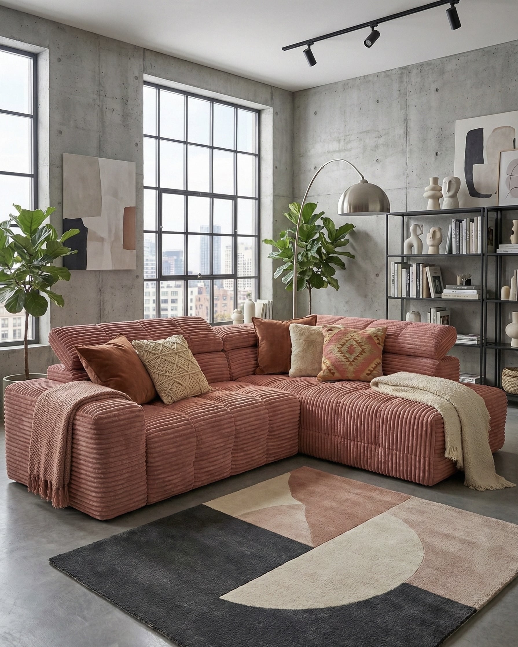 Salon loft : canapé d'angle en velours côtelé rose saumon, murs en béton, tapis abstrait et décoration moderne.