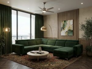 Salon luxueux avec canapé d'angle vert, tapis d'Orient et finitions dorées pour une ambiance chaleureuse et moderne.