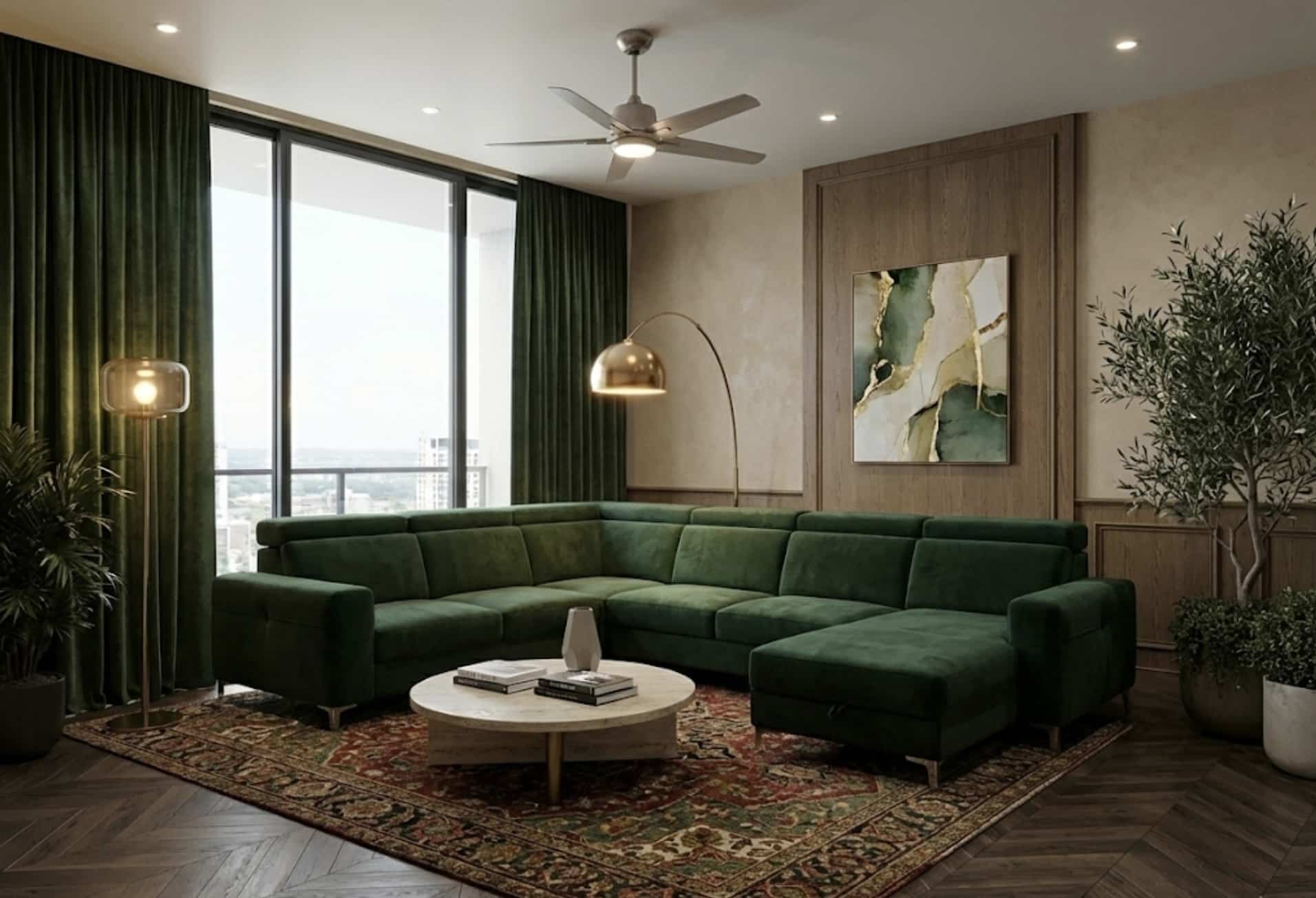 Salon luxueux avec canapé d'angle vert, tapis d'Orient et finitions dorées pour une ambiance chaleureuse et moderne.