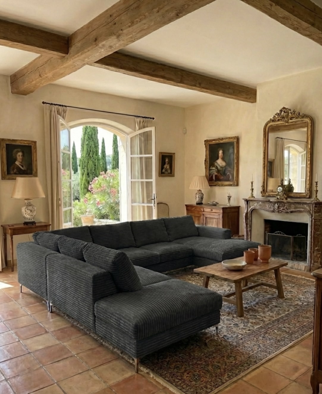 Salon aux poutres apparentes avec grand canapé d'angle gris, cheminée en pierre et jardin de cyprès en arrière-plan.