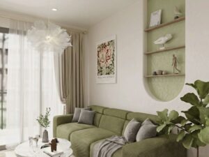 Salon épuré avec canapé vert côtelé, étagère murale cintrée, affiche William Morris et lustre fleur.