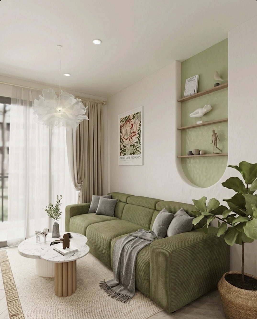 Salon épuré avec canapé vert côtelé, étagère murale cintrée, affiche William Morris et lustre fleur.