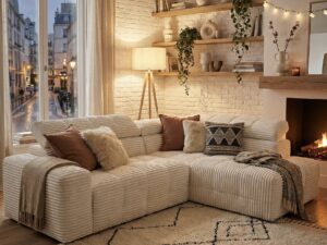 Salon chaleureux avec canapé d'angle côtelé blanc, tapis berbère, étagères en bois et feu de cheminée crépitant.