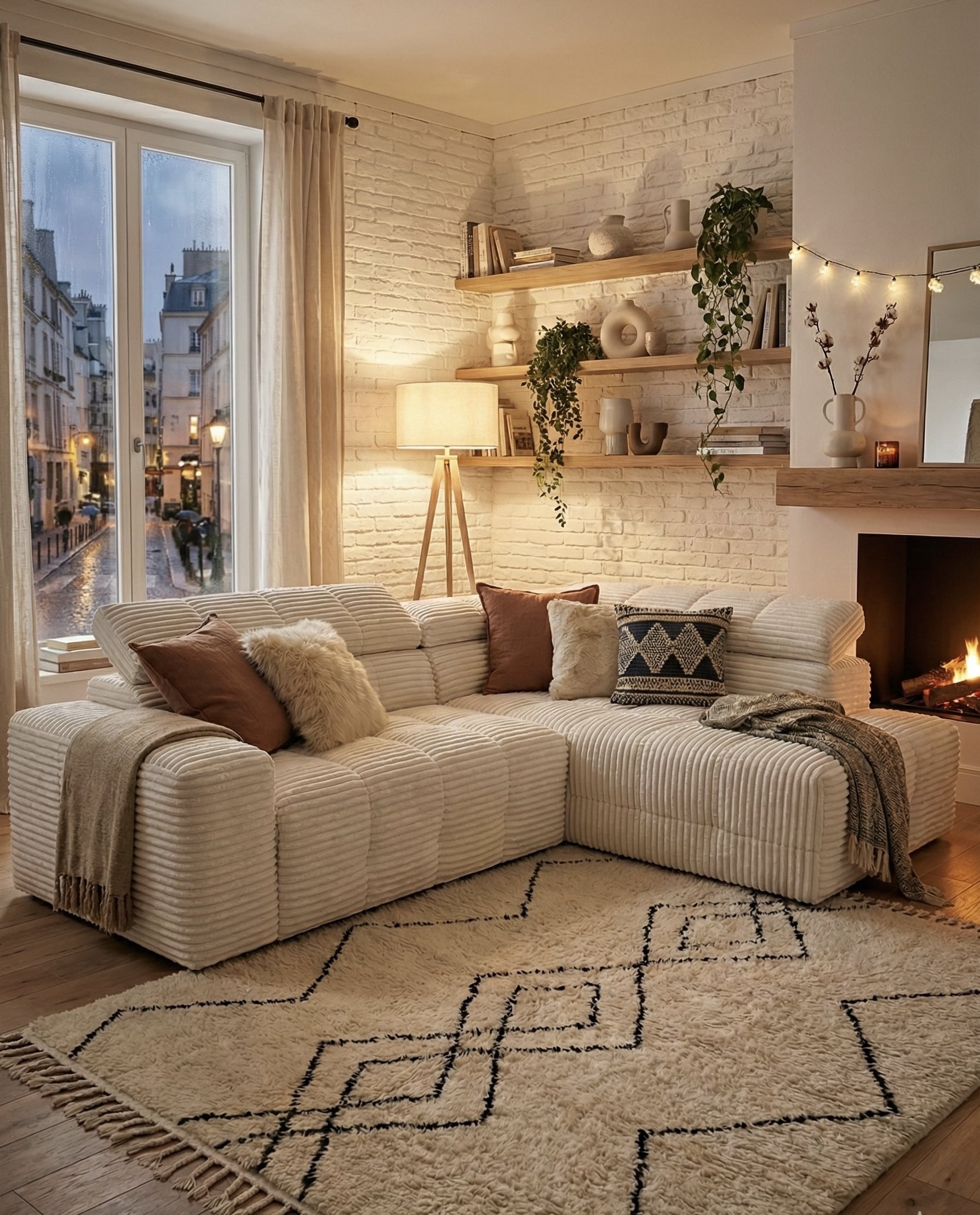 Salon chaleureux avec canapé d'angle côtelé blanc, tapis berbère, étagères en bois et feu de cheminée crépitant.