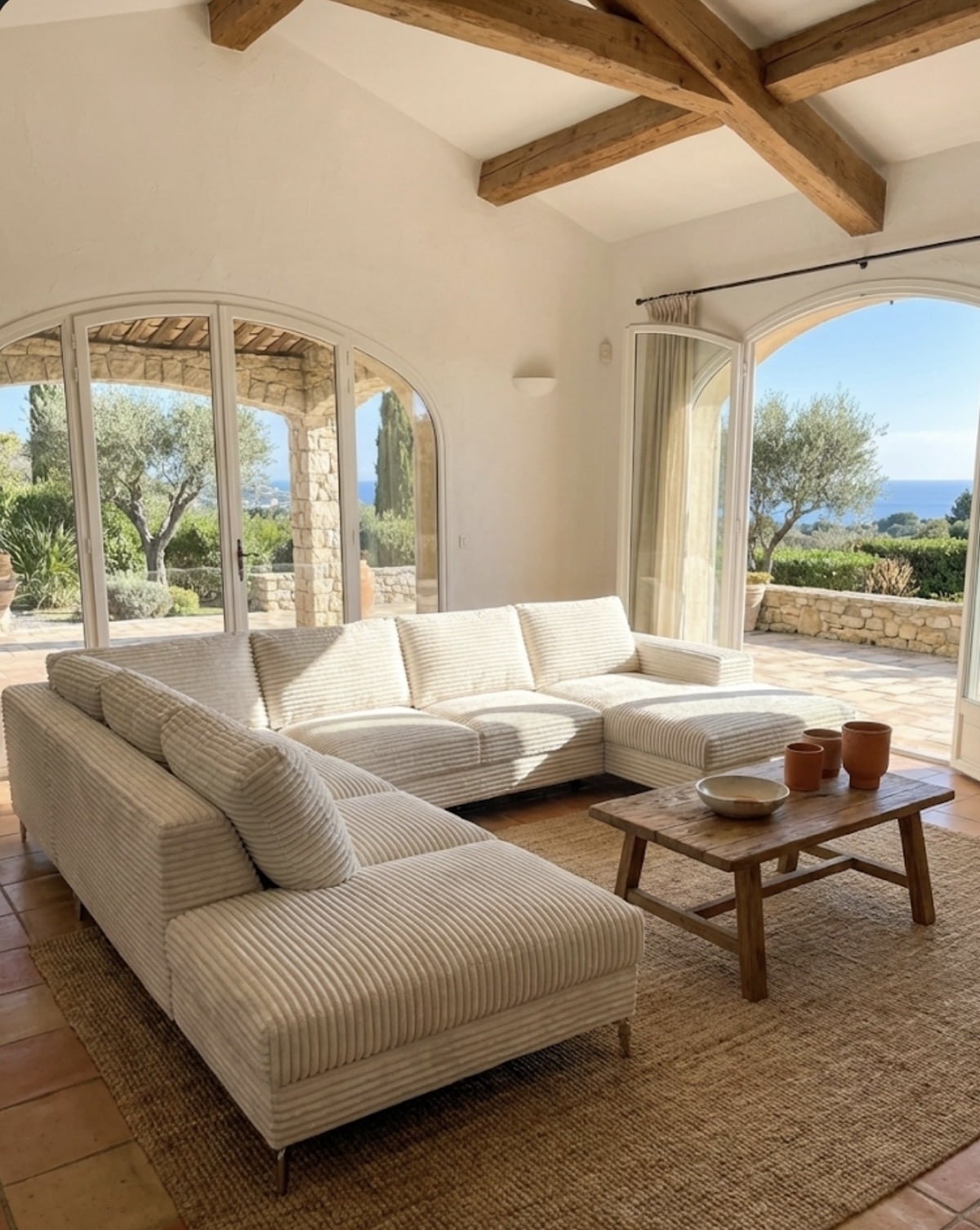 Salon méditerranéen lumineux avec canapé blanc en velours côtelé, poutres apparentes et terrasse vue mer.
