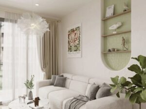 Salon minimaliste Japandi avec canapé blanc, niche verte, affiche William Morris et luminaire suspendu aérien.