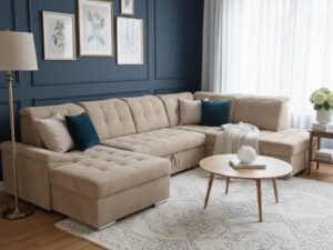 Salon moderne avec mur bleu marine, grand canapé d'angle beige, tapis à motifs et table basse en bois.