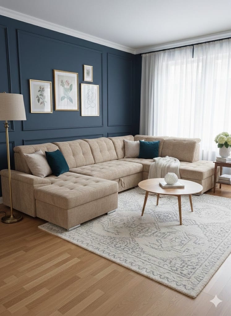 Salon moderne avec mur bleu marine, grand canapé d'angle beige, tapis à motifs et table basse en bois.